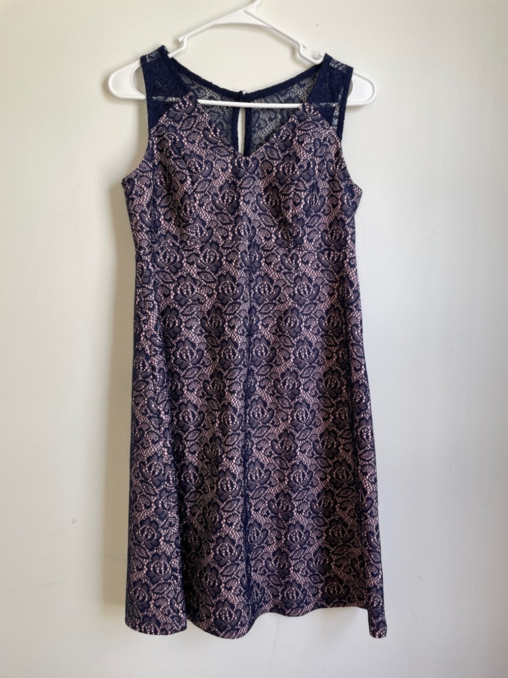 Motherhood Maternity Size Small Navy Lace Overlay Midi Dress with Blush Underlay